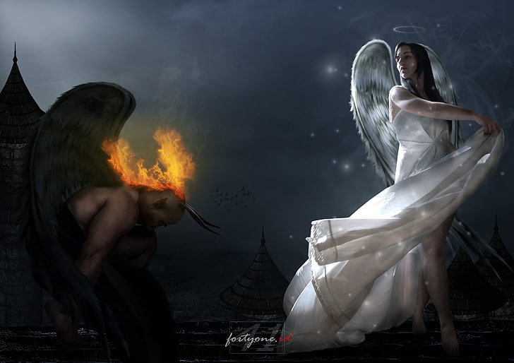 sztuka fantasy, anioł, skrzydła, dziewczyna fantasy, Diabeł, ogień, kobiety, Tapety HD
