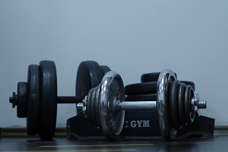 two gray and black adjustable dumbbells, dumbbells, gym, weight, disks, HD wallpaper HD wallpaper