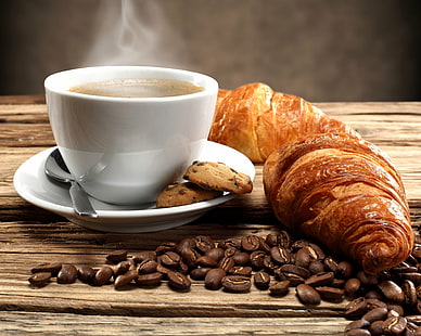 Еда, завтрак, кофе, кофейные зерна, печенье, круассан, чашка, HD обои HD wallpaper