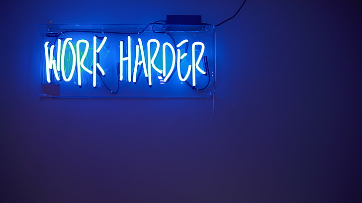 blue work harder neon signage, inscription, lighting, neon, HD wallpaper