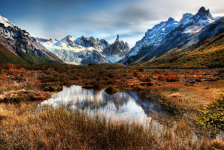 photography of green grassy field and snowy mountains, Adventuring, Valley, NBC TV, Interview, green, grassy, field, snowy mountains, Portfolio, d3x, Patagonia, Argentina, El Chalten, nbc, hdr, tutorial, art, photograph, lake, water, mountains, peak, summit, snow  white, colors, cool, cold, red  orange, KXAN, facebook, nature, landscape, depth, heaven, story, Photographer, Pro, Nikon, Photography, event, travel, blue  grass, mountain, scenic, wilderness, wild, hike, hiking, south  america, scenics, outdoors, autumn, mountain Peak, beauty In Nature, snow, summer, sky, HD wallpaper