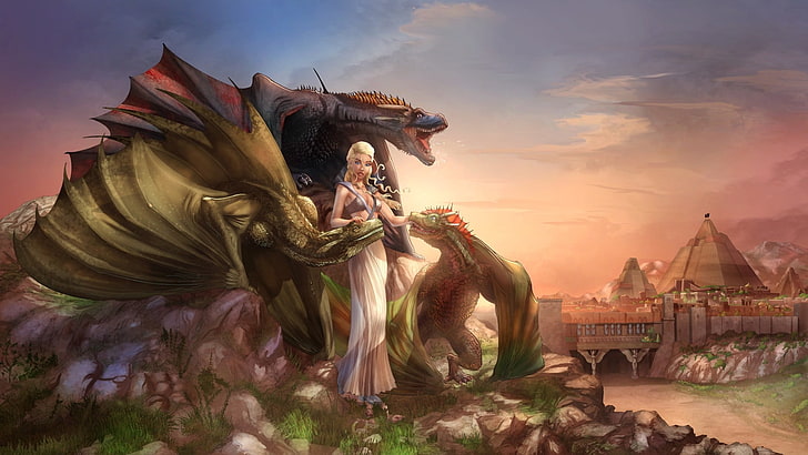 malarstwo kobiety, Daenerys Targaryen, Game of Thrones, smok, fantasy art, fan art, Meereen, Tapety HD