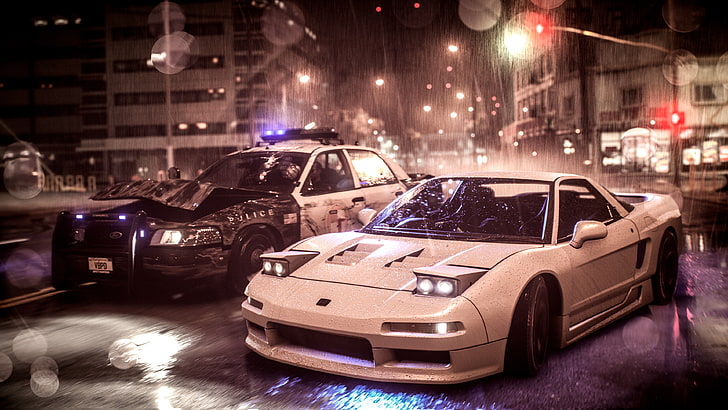 white coupe, Need for Speed, mobil, Honda, Honda NSX, Acura NSX, acura, Ford Crown Victoria, video game, Wallpaper HD