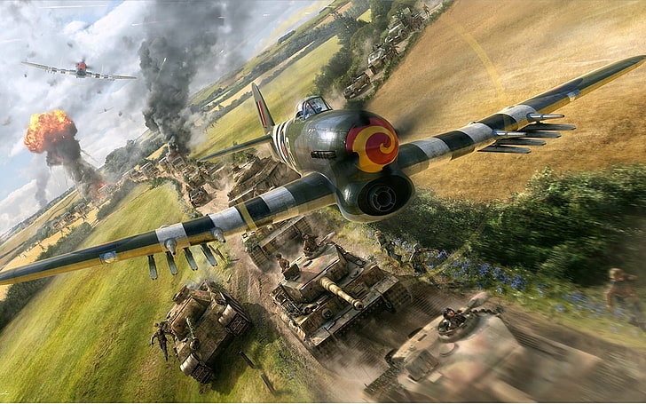 검은 색과 흰색 비행기 그림, 비행기, 전투기, 예술, 폭격기, 영국, 제 2 차 세계 대전, RAF, WW2, 단일, Hawker Typhoon, 독일 기갑 기둥 폭격, HD 배경 화면