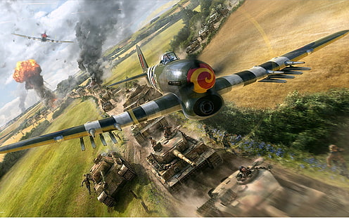 ilustração de avião preto e branco, o avião, lutador, arte, bombardeiro, britânico, segunda guerra mundial, RAF, WW2, único, Hawker Typhoon, o bombardeio de uma coluna blindada alemã, HD papel de parede HD wallpaper