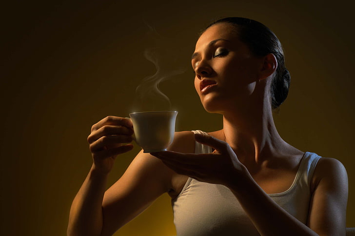 aroma, coffee, cup, girls, hot, photography, pose, smoke, women, HD wallpaper