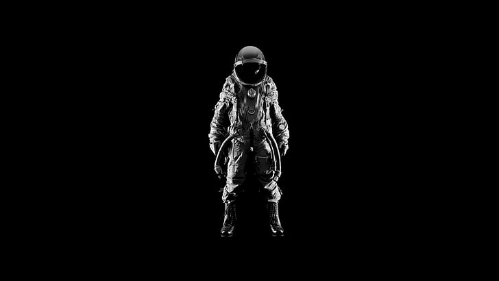 серый костюм, цифровое искусство, черный фон, минимализм, космонавт, шлем, скафандр, монохромный, сапоги, HD обои