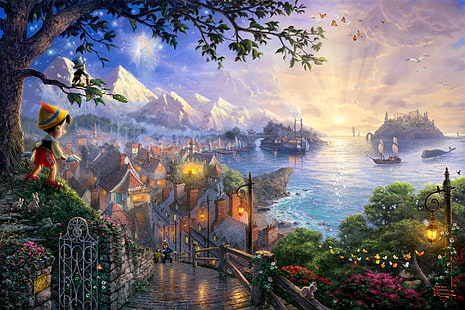 Pinocchio under tree painting, sea, trees, butterfly, sunset, flowers, mountains, birds, bridge, castle, tale, ships, the evening, art, lights, houses, fantasy, sunshine, Thomas Kinkade, Disney, fairytale, 50-th anniversary, The Disney dreams collection, lanterns, Pinocchio wishes upon a star, Fairy with blue hair, cricket, Pinocchio, HD wallpaper HD wallpaper