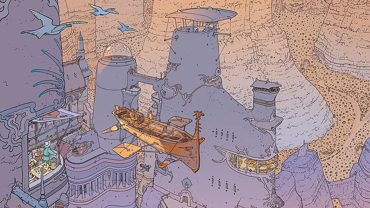 lukisan kapal layar coklat, Mœbius, kapal udara, burung, kota fantasi, seni fantasi, Jean Giraud, Wallpaper HD