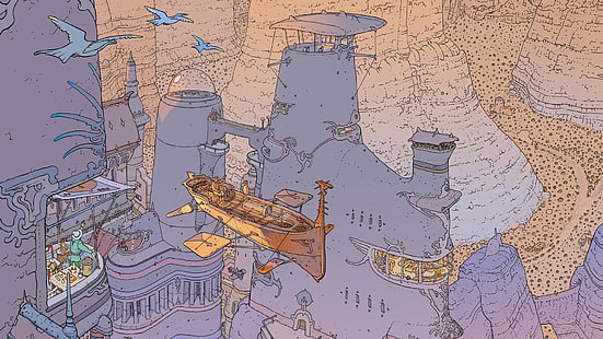 pintura de velero marrón, Mœbius, dirigibles, pájaros, ciudad de fantasía, arte de fantasía, Jean Giraud, Fondo de pantalla HD HD wallpaper