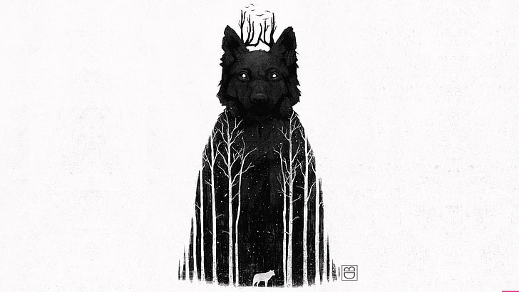 black wolf illustration, simple background, artwork, white background, wolf, monochrome, forest, night, trees, night sky, looking at viewer, illustration, Dan Burgess, simple, HD wallpaper