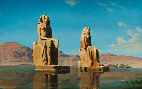Abu Simbel, Ancient, artwork, clouds, Dune, egypt, Egyptian, gods, Hills, Nile, Ra, river, rock, sand, sculpture, Statue, water, HD wallpaper HD wallpaper