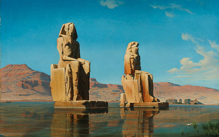rock, Ra, hills, dune, Egypt, sand, artwork, statue, gods, sculpture, Abu Simbel, Nile, Hubert Sattler, water, clouds, river, Egyptian, ancient, HD wallpaper