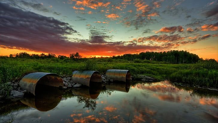 Landschaft, Teich, Sonnenuntergang, Natur, Himmel, Wasser, Wolken, HD-Hintergrundbild