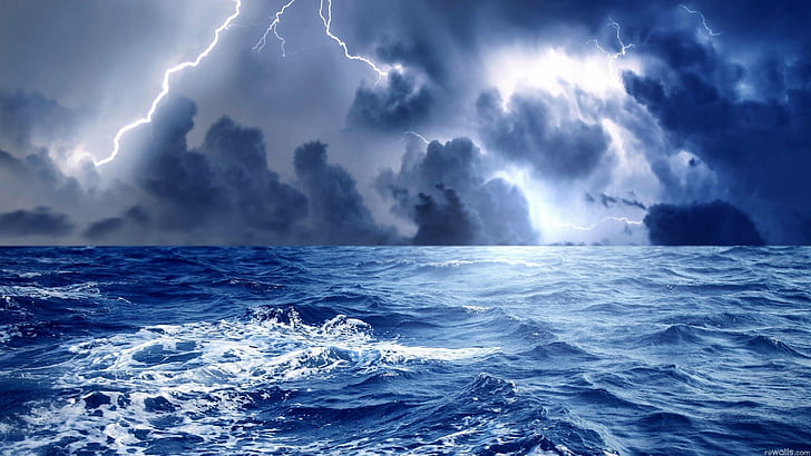 clouds, lightning, nature, ocean, rain, sea, sky, storm, weather, HD wallpaper