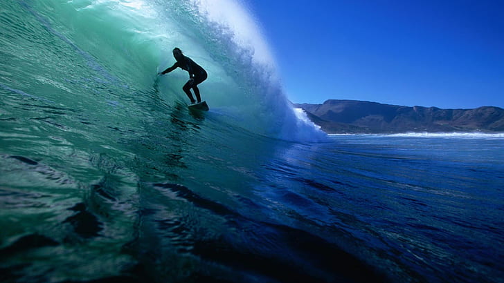 Surf Big Wave HD, silhueta de pessoa surfando, mar, surf, água, onda, HD papel de parede
