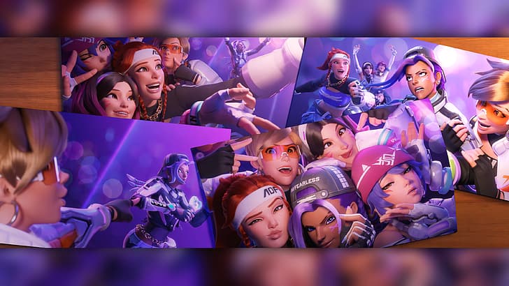 Activision, Blizzard Entertainment, Overwatch, D.Va (Overwatch), Brigitte (Overwatch), Tracer (Overwatch), Kiriko (Overwatch), Sombra (Overwatch), CGI, video game art, collage, photoshopped, 4K, HD wallpaper