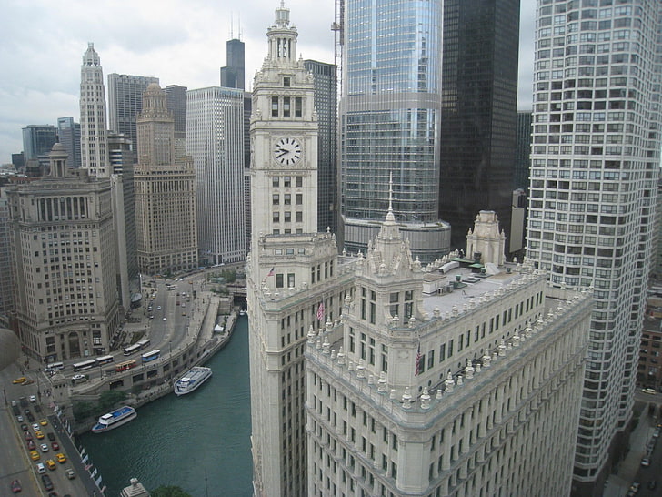 Чикаго, град, градски пейзаж, часовникова кула, стара сграда, градска, покриви, HD тапет