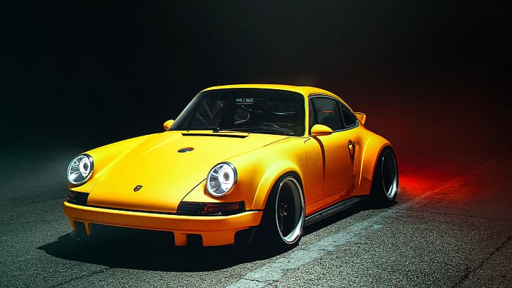 car, automotive, Porsche, Porsche 911, German cars, yellow cars, night, HD wallpaper