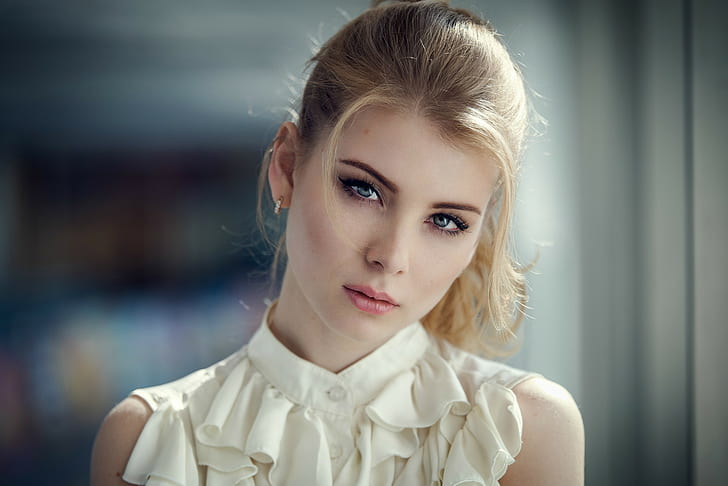 mata biru, pirang, potret, Irina Popova, bokeh, model, wajah, wanita, 500px, Wallpaper HD
