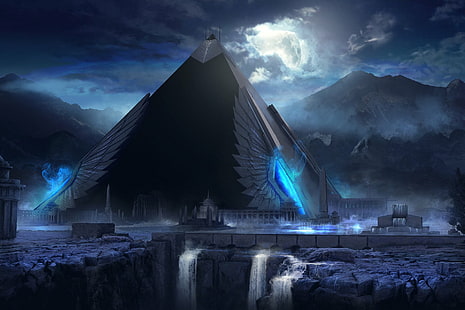 Fantasia, Pirâmide, Edifício, Egípcio, Lua, Noite, HD papel de parede HD wallpaper