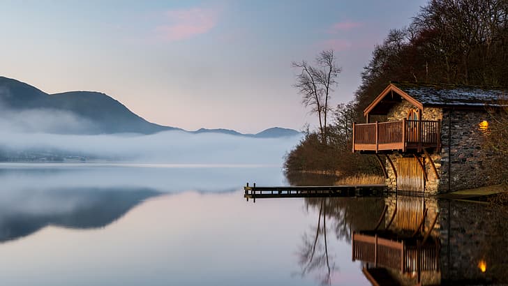 landscape, mountains, nature, lake, reflection, England, morning, house, mostok, Lake District, The lake district, HD wallpaper