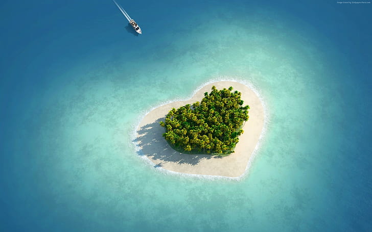 сърце, океан, любовен образ, HD, остров, HD тапет