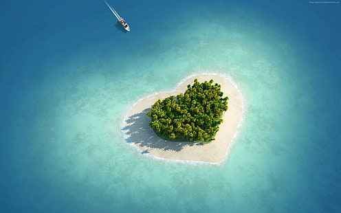 сердце, океан, образ любви, HD, остров, HD обои HD wallpaper