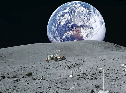 луна и планета земя, космос, земя, тапет, луната, планета, НАСА, лунно превозно средство, изглед на земята от луната, HD тапет HD wallpaper