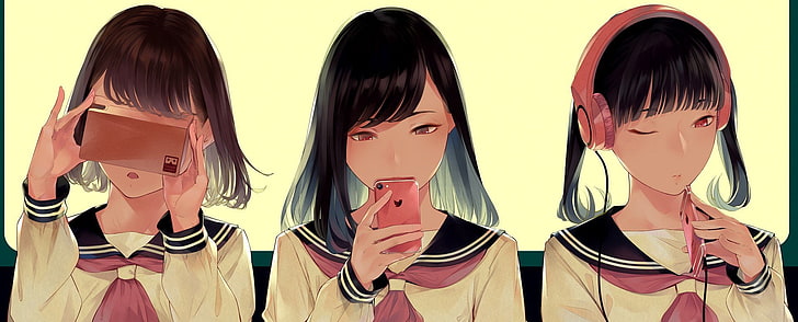 sawasawa neckerchief phone headphones anime girls, HD wallpaper