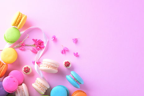 цветы, фон, розовые, лепестки, разноцветные, десерт, торты, сладкое, миндальное печенье, французское, макарон, нежное, HD обои HD wallpaper