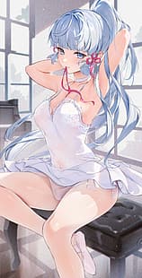 Genshin Impact, artwork, Kamisato Ayaka (Genshin Impact), cheveux bleus, yeux bleus, anime, anime girls, robe blanche, tour de cou, bras levés, queue de cheval, nombril, ballet, jupe de ballet, Fond d'écran HD HD wallpaper