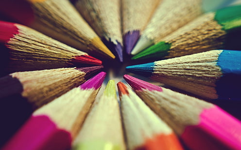 цветные карандаши, цветные карандаши рядом, разноцветные, карандаши, макро, HD обои HD wallpaper