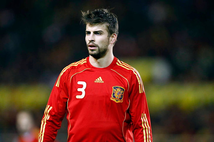 Gerard Pique, men's red and yellow adidas 3-printed crew-neck long-sleeved soccer jersey shirt, Sports, Football, player, HD wallpaper