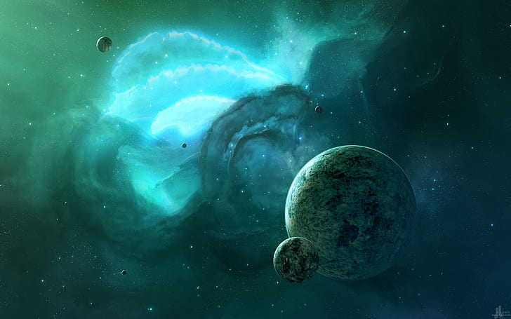Planeten Stars Green Nebula HD, Weltraum, Grün, Sterne, Planeten, Nebel, HD-Hintergrundbild