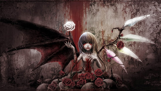 personaggio femminile anime con ali wallpaper, gotico, ali, sangue, inquietante, Touhou, Remilia Scarlet, Flandre Scarlet, Sfondo HD HD wallpaper