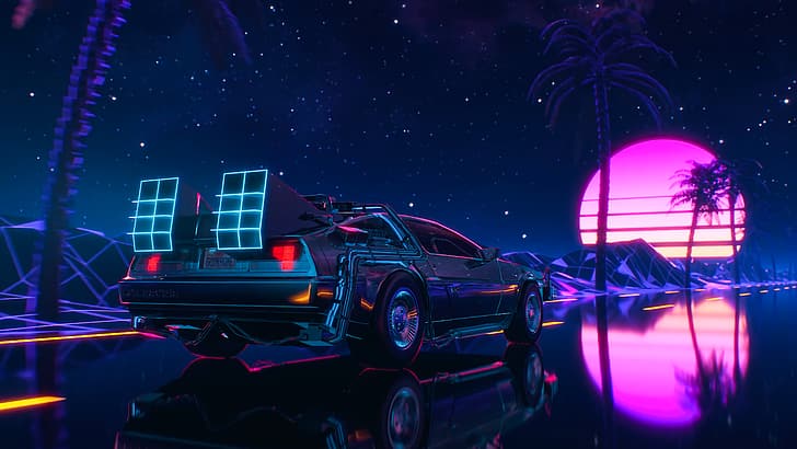 DeLorean, Zurück in die Zukunft, Ambient, Retrowave, Synthwave, digitale Kunst, Palmen, Sterne, HD-Hintergrundbild