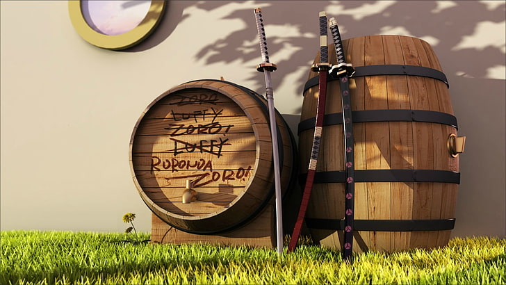 braune Holzfässer, One Piece, Roronoa Zoro, Schwert, Katana, Anime, HD-Hintergrundbild