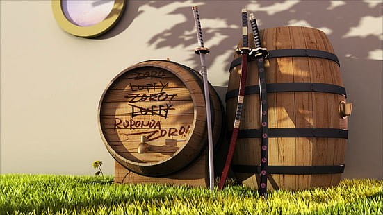 barriles de madera marrón, One Piece, Roronoa Zoro, espada, katana, anime, Fondo de pantalla HD HD wallpaper