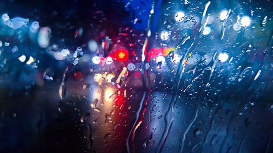 piovoso, notte, strada, traffici, luci, vetro, gocce, Sfondo HD HD wallpaper