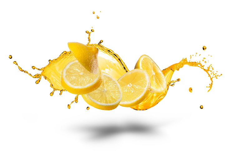 лимонные обои, вода, шприц, лимон, белый фон, ломтики, брызги, ломтики лимона, HD обои