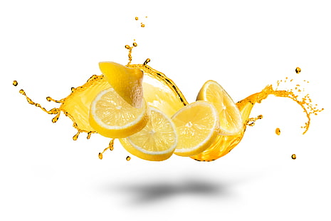 лимонные обои, вода, шприц, лимон, белый фон, ломтики, брызги, ломтики лимона, HD обои HD wallpaper