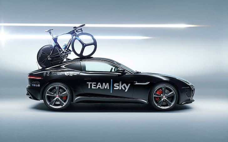 2014 Jaguar F Type Coupe Tour de France 2, cupê esportivo preto com bicicleta de estrada azul, cupê, jaguar, tipo, 2014, turnê, frança, carros, HD papel de parede
