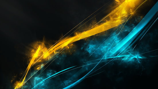 ilustrasi cahaya kuning dan kuning, seni digital, abstrak, bentuk, garis, latar belakang hitam, biru, kuning, cyan, hitam, Wallpaper HD HD wallpaper