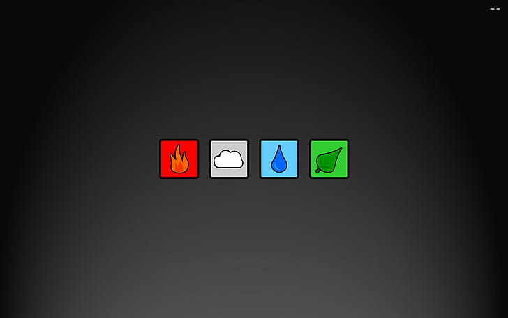 Elementi, fuoco, nuvole, gocce di rugiada e icona foglia, acqua, terra, elementi, fuoco, 3d e astratto, Sfondo HD
