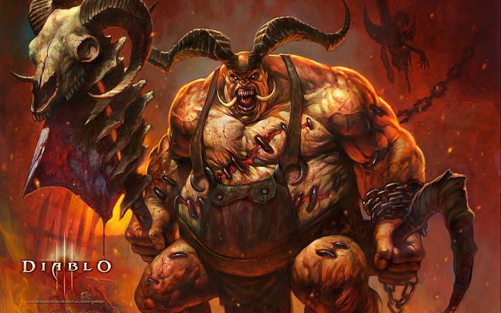 кръв, чудовище, рога, брадва, Diablo III, Blizzard Entertainment, демон., месар, плът, HD тапет