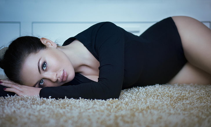 women's black leotards, girl, pose, carpet, model, brunette, HD wallpaper