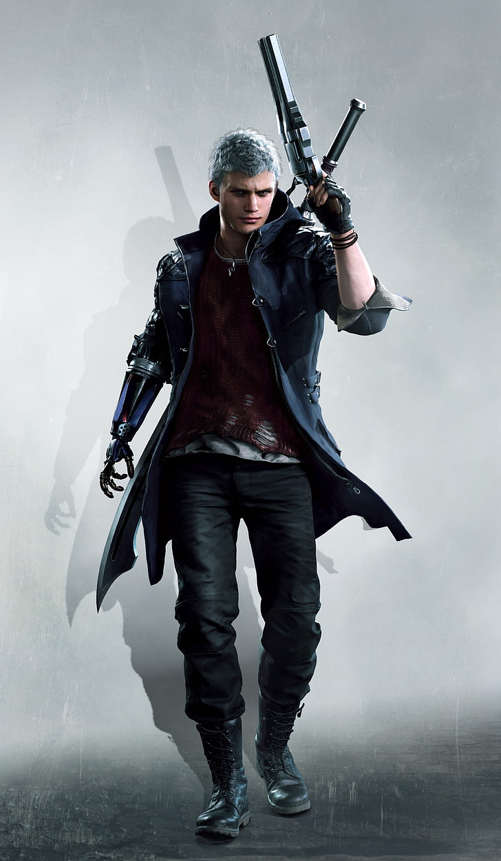 Hombre con un personaje de juego de pistola, Devil May Cry 5, Nero (Devil May Cry), Devil May Cry, arma, Fondo de pantalla HD, fondo de pantalla de teléfono