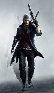 человек, держащий игрового персонажа из пистолета, Devil May Cry 5, Nero (Devil May Cry), Devil May Cry, оружие, HD обои HD wallpaper