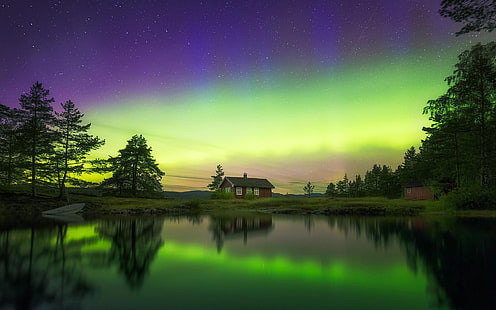 Noruega Aurora boreal reflejada en un lago-Windows ..., luces de aurora, Fondo de pantalla HD HD wallpaper